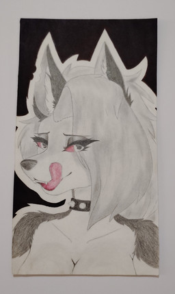 anthro arm_tuft big_breasts black_background breasts collar ear_piercing ear_scar eyelashes eyelashes_through_hair eyelid_blush eyeliner female fur grey_hair hair inner_ear_fluff licking licking_lips long_hair makeup multicolored_body multicolored_fur piercing red_sclera scar shoulder_tuft simple_background solo spiked_collar spikes teeth_showing tongue tongue_out translucent translucent_hair tuft 11wolpz hellaverse helluva_boss mythology loona_(helluva_boss) canid canid_demon canine demon hellhound mammal mythological_canine mythological_creature absurd_res hi_res traditional_media_(artwork)