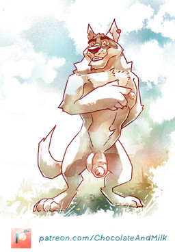 anthro arm_tuft balls black_eyebrows chin_tuft ear_piercing ear_ring elbow_tuft eyebrows facial_tuft flaccid foreskin front_view fur genitals grey_body grey_fur grin head_tuft humanoid_genitalia humanoid_penis male male_anthro nude orange_eyes penis piercing ring_piercing smile solo standing text tuft white_balls white_body white_fur white_penis chocolateandmilk canid canine canis mammal wolf 2023 dated hi_res signature url