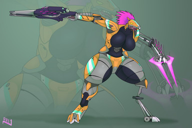 3_toes anthro armor big_breasts breasts cybernetic_arm cybernetic_leg cybernetic_limb digitigrade energy_sword energy_weapon feather_hair feathered_crest feathers feet female gun head_crest holding_gun holding_melee_weapon holding_object holding_ranged_weapon holding_sword holding_weapon melee_weapon needle_rifle non-mammal_breasts pink_body pink_feathers pseudo_hair ranged_weapon solo standing sword thick_thighs toes weapon wide_hips eel_(artist) halo_(series) microsoft xbox_game_studios alien avian kig-yar scalie t'vaoan colored hi_res