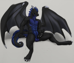 abs animal_genitalia animal_penis anthro balls black_body black_penis blue_body canine_genitalia canine_penis erection genitals grey_background holding_penis horn knot knotted_penis looking_at_viewer male male_anthro membrane_(anatomy) membranous_wings muscular muscular_anthro muscular_male non-mammal_balls nude nude_anthro nude_male open_mouth open_smile pecs penis sheath simple_background sitting smile smiling_at_viewer solo tail teeth tongue tongue_out wings mintyderg mythology daikai dragon mythological_creature mythological_scalie scalie 2019