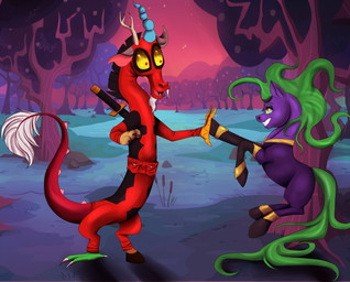 anthro barefoot book clothed clothed_feral clothing cosplay duo feet female feral forest green_eyes green_hair hair long_hair male open_mouth open_smile outside plant power pupils purple_body red_pupils smile tail tail_tuft tight_clothing tree tuft yellow_sclera mankokat friendship_is_magic hasbro marvel my_little_pony deadpool discord_(mlp) mane-iac_(mlp) chimera draconequus equid equine horse mammal pony comic