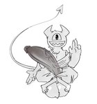 1_eye as_above_so_below_pose ball_tuft balls big_balls big_penis claws clothed clothing digitigrade finger_claws fur genitals horn humanoid_genitalia looking_at_viewer male neck_tuft partially_clothed penis sharp_teeth simple_background smile solo tail teeth topwear tuft white_background nylonhellhole krylon_(nylonhellhole) demon imp mammal