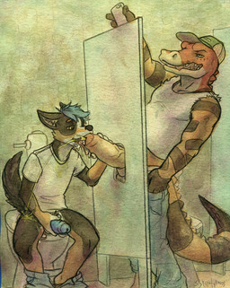 anthro bathroom big_penis bodily_fluids camera clothing drinking drinking_urine duo electronics erection fangs fellatio foreskin genital_fluids genitals glory_hole golden_shower huge_penis humanoid_genitalia humanoid_penis interspecies licking male male/male male_peeing masturbation oral partially_retracted_foreskin peeing peeing_while_erect penile penile_masturbation penis penis_lick phone public public_restroom restroom_stall sex teeth toilet tongue tongue_out urine urine_in_mouth urine_on_leg urine_stream vein watersports sicklyhypnos jonascorgi nomad_(lw) canid canine canis crocodile crocodilian domestic_dog herding_dog mammal pastoral_dog reptile scalie welsh_corgi traditional_media_(artwork)