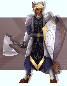 4_toes anthro axe brown_body brown_fur clothed clothing feet fingers fur male melee_weapon shield solo standing toes weapon firetally canid canine canis mammal wolf 2019 digital_media_(artwork) hi_res