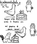 2_panel_comic ambiguous_gender anthro birthday birthday_cake cake dessert dialogue duo eating eating_food feral food humor semi-anthro simple_background text jan_ke_tami cc-by creative_commons kijetesantakalu_o kijetesantakalu_(kijetesantakalu_o) waso_(kijetesantakalu_o) avian bird columbid mammal pigeon procyonid raccoon absurd_res constructed_language hi_res monochrome toki_pona_text translated