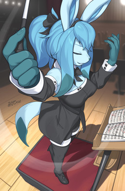 5_fingers anthro biped blue_body blue_fur blue_hair blue_tail bottomwear breasts clothed clothed_anthro clothed_female clothing eyes_closed female female_anthro fingers footwear front_view fully_clothed fully_clothed_anthro fully_clothed_female fur hair holding_object inside legwear medium_breasts shoes smile solo standing tail teeth thigh_highs topwear zinfyu nintendo pokemon eeveelution generation_4_pokemon glaceon pokemon_(species) 2026 absurd_res digital_drawing_(artwork) digital_media_(artwork) hi_res