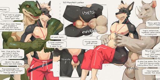 5_fingers abdominal_bulge age_difference anal anal_penetration anthro anthro_on_anthro anthro_penetrated anthro_penetrating anthro_penetrating_anthro anus arm_grab balls begging big_penis biped black_body blush bodily_fluids boss boss_and_employee bottomwear bottomwear_down butt butt_focus carrying_another carrying_partner chastity_cage chastity_device claws clothed clothing college_student crotch_focus cum cum_inside daddy_kink dialogue dominant dripping duo_focus erection facial_horn fingers forced front_view fur genital_fluids genitals green_body green_scales grey_body group hair horn hug hugging_another hugging_from_behind humanoid_genitalia humanoid_penis interspecies keyholding larger_dom larger_male lifeguard male male/male male_anthro male_penetrated male_penetrating male_penetrating_male moan muscular muscular_male nipples nose_horn nude nude_anthro nude_male onomatopoeia open_mouth open_smile orange_eyes orange_sclera pants pants_down partially_clothed partially_clothed_anthro partially_clothed_male penetration penile penile_penetration penis penis_in_ass perineum pink_chastity_cage precum precum_drip profanity prostitution questionable_consent reddened_butt saliva scales sex side_view simple_background size_difference smaller_male smaller_penetrated smile sound_effects speech_bubble standing submissive submissive_male swimming_trunks swimwear swimwear_down text topless topless_anthro topless_male trio twitching unprofessional_behavior verbal whistle_(object) whistle_around_neck wolftea42 canid canine canis crocodile crocodilian domestic_dog mammal pinscher reptile rhinoceros scalie absurd_res artist_name comic digital_media_(artwork) english_text hi_res sequence signature