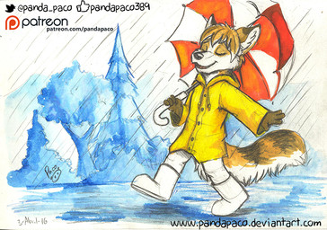 anthro boots brown_body brown_fur brown_hair clothed clothing coat dipstick_ears ear_markings eyes_closed footwear fur hair holding_object holding_umbrella logo male multicolored_ears open_mouth open_smile outside patreon_logo plant raincoat raining shoes short_hair smile solo text topwear tree umbrella walking white_body white_fur young young_anthro young_male pandapaco patreon canid canine mammal 2016 artist_logo artist_name dated monochrome signature sketch url