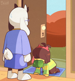 anthro blue_clothing brown_hair clothing door duo female fur green_clothing green_shirt green_topwear hair male moss plant shirt topwear white_body white_fur yellow_body yellow_skin akanemnon deltarune undertale_(series) kris_(deltarune) toriel bovid caprine goat human mammal 2024 hi_res