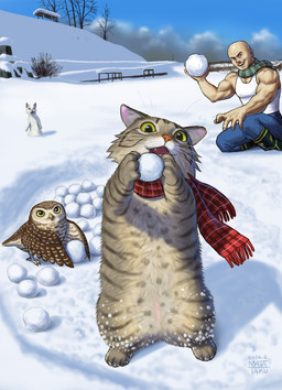 bald biceps blue_bottomwear blue_clothing blue_pants bottomwear brown_body brown_feathers clothing feathers feet feral fur monotone_clothing monotone_topwear mostly_nude muscular muscular_human pants red_scarf scarf scarf_only sleveless_shirt snow snowball talons toes topwear whiskers white_sleeveless_shirt matataku white_cat_(taku) avian bird domestic_cat felid feline felis human mammal owl 2026 dated hi_res