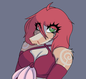 anthro arm_tattoo armwear blood bodily_fluids breasts clothed clothed_anthro clothed_female clothing crop_top elbow_gloves eyebrow_through_hair eyebrows female front_view frown gloves green_eyes grey_background hair handwear long_hair looking_at_viewer medium_breasts non-mammal_breasts nosebleed red_clothing red_crop_top red_gloves red_hair red_handwear red_shirt red_topwear shirt shoulder_tattoo simple_background solo tan_body tattoo topwear translucent translucent_hair wide_eyed hyuvevo cavemanon_studios volcaldera_ashfall ashley_(volcaldera_ashfall) dinosaur dromaeosaurid prehistoric_species reptile saurischian scalie theropod 2026 colored half-length_portrait hi_res portrait shaded