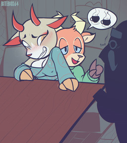 ambiguous_penetration anthro anthro_on_anthro black_ear_tips blue_eyes breasts casual_sex chair_position cleavage clenched_teeth clothed clothed_sex clothing dipstick_ears duo_focus ear_markings exhibitionism eyebrows female from_behind_position group horn looking_pleasured male male/female multicolored_ears nipple_outline obscured_sex off_shoulder orange_ears penetration penile public public_sex red_horn red_nose restaurant sex smile stealth_sex teeth text trio yellow_eyes yellow_horn bitebox64 animal_crossing nintendo beau_(animal_crossing) brewster_(animal_crossing) shino_(animal_crossing) antelope avian bird bovid deer mammal 2022 absurd_res alternate_version_at_source english_text hi_res pictographics