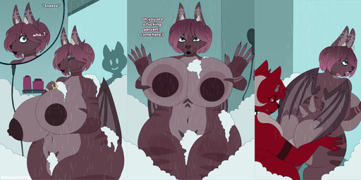 against_surface anthro areola balls bathing big_breasts big_butt big_penis breasts butt curvy_figure duo female female_penetrated foam fur genitals glass hair horn huge_breasts huge_butt huge_penis male male/female male_penetrating male_penetrating_female nipples nude on_glass open_mouth penetration penis profanity sex shower shower_sex showering simple_background smile text thick_thighs vaginal voluptuous voluptuous_female voyeur water wet wide_hips wings bones_on_string mythology canid canine demon mammal mythological_creature absurd_res english_text hi_res