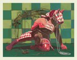 animal_genitalia animal_penis anthro bdsm bondage_gear bondage_gloves bridle checkered checkered_background clothing equine_genitalia equine_penis feces genitals hair handwear hay hoof_gloves latex latex_clothing latex_legwear legwear male mask pattern_background penis red_hair simple_background smearing_feces solo contort_desire equid equine horse mammal hi_res trans_(lore) trans_woman_(lore)