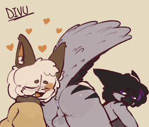 anime_nosebleed anthro anus balls biped black_body blood bodily_fluids butt duo eyebrows eyes_closed fur genitals grey_body hair heart_symbol inner_ear_fluff male nosebleed open_mouth open_smile purple_eyes simple_background smile sweat text tongue tuft white_body white_fur yellow_background divucup divu_(divucup) sleepy_(gryphofcinder) avian bird domestic_cat felid feline felis mammal hi_res