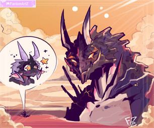 ambiguous_gender anthro cloud duo female glowing glowing_eyes horn larger_ambiguous light light_beam macro micro multi_horn partially_submerged sea size_difference smaller_female spikes spikes_(anatomy) star_eyes sunset water fantomartz european_mythology mythology silica_(fantomartz) dragon kaiju mythological_creature mythological_scalie scalie western_dragon hi_res