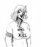 2019 anthro blood bodily_fluids canid canine canis clothing domestic_dog english_text female front_view gore hi_res hladilnik knife mammal military monochrome open_mouth samantha_thott shirt simple_background solo standing t-shirt text text_on_clothing text_on_shirt text_on_topwear topwear white_background wounded