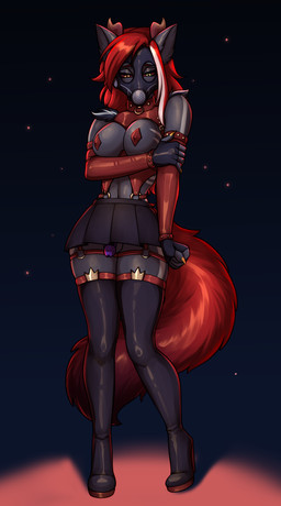 anthro arm_grab balls bdsm boots bottomwear breasts chastity_cage chastity_device clothed clothing erect_nipples fluffy fluffy_tail footwear fur gas_mask genitals grey_body grey_fur gynomorph hair harness high_heeled_boots high_heels highlights_(coloring) horn intersex latex latex_clothing latex_legwear leggings legwear looking_down mask nipple_covers nipple_outline nipples no_underwear permanent_chastity_device purple_chastity_cage red_eyes red_hair red_sleeves shoes simple_background skirt sleeves solo star submissive submissive_gynomorph submissive_intersex tail thigh_boots thigh_highs white_highlights nomorhor mythology millie_morrison_(lunaracc) canid canine demon mammal mythological_canine mythological_creature werecanid werecanine werecreature werewolf absurd_res hi_res trans_(lore) trans_woman_(lore)