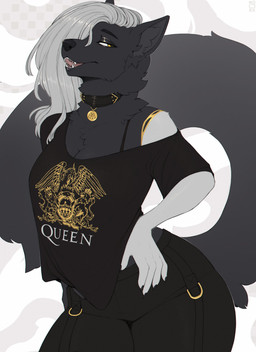 5_fingers anthro biped bottomwear breasts claws clothed clothed_anthro clothed_female clothing collar female finger_claws fingers front_view fully_clothed fully_clothed_anthro fully_clothed_female fur hair looking_at_viewer open_mouth open_smile pants simple_background smile solo standing tail teeth tongue topwear noodlerain canid canine mammal 2026 absurd_res digital_drawing_(artwork) digital_media_(artwork) hi_res