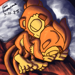 anthro arm_around_waist bed bedding big_feet blanket brown_body brown_fur comfortable cuddling duo feet footsie fur furniture male male/male nude peaceful pillow smile spooning sunrise sean_serpentine bloons_tower_defense ninja_kiwi benjamin_(bloons) quincy_(bloons) haplorhine mammal monkey primate 1:1 absurd_res hi_res