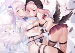 abstract_background bottomwear breast_size_difference breasts butt butt_wings clothed clothing duo feathered_wings feathers female fingerless_gloves fishnet_clothing fishnet_legwear garter_belt garter_straps gloves hair hand_holding handwear interlocked_fingers legwear looking_at_viewer looking_back miniskirt no_underwear not_furry pink_hair purple_eyes purple_hair rear_view skirt small_breasts smile unusual_wing_placement wings yellow_eyes sora72iro_kaba9 blue_archive koharu_(blue_archive) mika_(blue_archive) angel humanoid