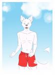 anthro bottomwear clothed clothing cloud fur male open_mouth shorts simple_background smile solo topless white_body white_fur boblios canid canine mammal hi_res