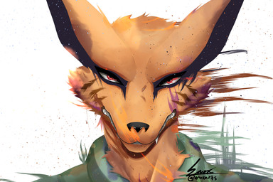 anthro clothing front_view fur green_clothing male orange_body orange_fur red_eyes sharp_teeth solo stylized teeth topwear vest enoxarts naruto kurama canid canine fox mammal 3:2 clip_studio_paint_(artwork) digital_drawing_(artwork) digital_media_(artwork) hi_res portrait
