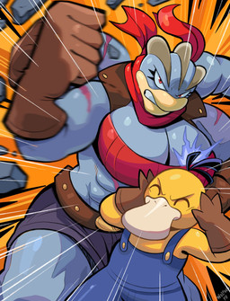 4_arms abs angry annoyed anthro big_breasts breasts brown_clothing brown_gloves brown_handwear clothing curvy_figure duo eyelashes eyeliner female fist gloves grey_body handwear looking_at_viewer makeup male motion_lines multi_arm multi_limb muscular muscular_female orange_background punch rock scar scarf simple_background text thick_thighs wide_hips wolfang_fh nintendo pokemon generation_1_pokemon machamp pokemon_(species) psyduck artist_name colored hi_res shaded