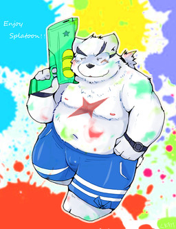 anthro belly blush bottomwear bulge clothing fur kemono male navel nipples overweight overweight_anthro overweight_male pants solo white_body white_fur snow_utamaru bear mammal polar_bear ursine 2015 hi_res