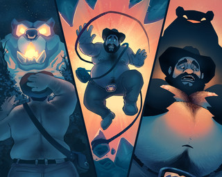 anthro beard belly belly_hair belt big_belly black_beard black_facial_hair body_hair bottomwear chest_hair clothed clothing duo facial_hair front_view glistening glistening_eyes hat headgear headwear low-angle_view male moob_grab moobs narrowed_eyes navel night nipples obese obese_human obese_male open_mouth outside overweight overweight_human overweight_male pants rear_view silhouette sky star topless whip chocolateandmilk scruffy_(scruffybeast) bear human mammal comic hi_res