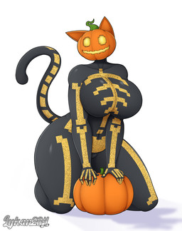 anthro big_breasts breast_squish breasts female food for_a_head front_view fruit plant pumpkin pumpkin_head simple_background solo squish thick_thighs wide_hips lykan284 epic_games fortnite spice_(fortnite) felid feline mammal object_head full-length_portrait hi_res portrait