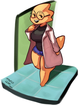 anthro barefoot beady_eyes belly big_breasts bottomwear breasts buckteeth clothed clothing coat doorway eyewear feet female floor front_view glasses hotpants lab_coat looking_at_viewer minishorts navel_outline non-mammal_breasts open_mouth open_smile scales shirt shorts shortstack simple_background slightly_chubby slightly_chubby_female smile solo tail teeth text thick_tail thick_thighs three-quarter_view tight_clothing tight_shirt tight_topwear tile tile_floor topwear walking wide_hips yellow_body yellow_scales stratusgio undertale undertale_(series) alphys lizard reptile scalie english_text hi_res signature