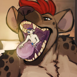 anthro anthro_on_anthro blue_eyes blue_penis bodily_fluids brown_body brown_eyes brown_fur chest_tuft cum cumshot drooling duo ejaculation erection extreme_size_difference female fur genital_fluids genitals grinding_on_tongue hair humanoid_genitalia humanoid_penis imminent_vore in_mouth male male/female mawplay micro mouth_shot narrowed_eyes nude open_mouth oral oversized_fellatio oversized_oral penis penis_on_tongue purple_hair purple_tongue red_hair saliva short_hair shoulder_spots size_difference tan_body tan_fur tongue tongue_out tuft white_body white_fur acidic canid canine hyena mammal 1:1