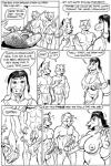 anthro asinus balls better_version_at_source big_breasts black_and_white bottomwear breasts canid canine cleavage clothed clothing comic donkey elderly elderly_female english_text equid equine erection female fox genitals greyscale group huge_breasts humor karno loincloth male mammal mature_anthro mature_female monochrome nude penis pussy text