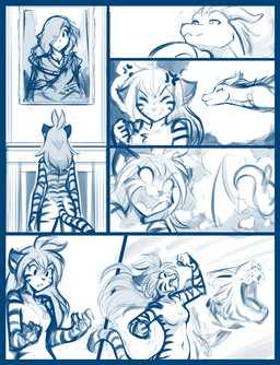 anthro casual_nudity clothed clothing cross-popping_vein female female_anthro feral fur hair nude open_mouth smile stripes wings conditional_dnp tom_fischbach mythology twokinds flora_(twokinds) lady_nora_(twokinds) dragon felid human keidran mammal mythological_creature mythological_scalie pantherine scalie tiger 2026 blue_and_white comic monochrome sketch