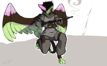 anthro biped bottomwear clothed clothing digitigrade feathers flying fully_clothed fur gun hair holding_gun holding_object holding_ranged_weapon holding_weapon male multicolored_body multicolored_feathers multicolored_fur multicolored_hair pants ranged_weapon rifle simple_background solo tail weapon wings unknown_artist unknown_artist_signature mythology twixxel_minty angel_dragon dragon mythological_creature mythological_scalie scalie hi_res signature source_request