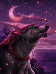 cloud eyes_closed feral fur grey_body grey_fur howl male moon night outside purple_sky sea sky solo water melodyofforest hi_res