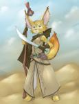 anthro barefoot biped blue_eyes breasts cloak clothed clothing cloud coat desert ear_piercing feet female fur jewelry looking_at_viewer melee_weapon outside piercing sky skyscape small_breasts solo sword tattoo topwear walking_stick weapon risingdragon canid canine fennec_fox fox mammal true_fox absurd_res hi_res