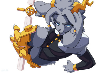 angry anthro antlers blue_eyes breasts clothed clothing eyebrows eyelashes female frown fur grey_body grey_ears grey_eyebrows grey_fur grey_hair grey_nose hair holding_object holding_weapon horn leg_armor long_ears looking_at_viewer mouth_closed pupils short_hair simple_background thick_eyebrows thick_thighs weapon white_background white_pupils yellow_antlers junpainter pseudoregalia sybil_(pseudoregalia) jackalope lagomorph mammal hi_res