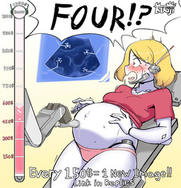 blush bodily_fluids breasts clothing donation_drive female machine medical_examination medium_breasts navel not_furry outie_navel panties pregnant shocked solo sweat text ultrasound underwear tsukiji millie_(tsukiji) android humanoid robot english_text hi_res