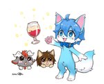 3_toes 5_fingers alcohol anthro beer beverage blue_body blue_fur blue_hair blush blush_lines collar feet fingers fur group hair kemono male open_mouth toes trio cornu mikey_(mikey_fox) pagi_(character) bovid canid canine caprine fox goat mammal absurd_res hi_res