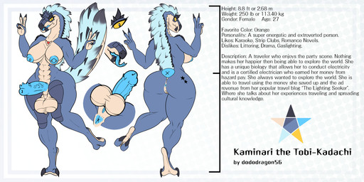 anthro anus balls beak beak_closed blue_body breasts claws digitigrade fur genitals herm intersex mouth_closed nipple_piercing nipples non-mammal_balls non-mammal_breasts non-mammal_hair non-mammal_nipples non-mammal_vulva nude open_beak open_mouth penis piercing smile solo text tongue tongue_out vulva yellow_eyes dododragon56 capcom monster_hunter kaminari_the_tobi_kadachi fanged_wyvern reptile scalie tobi-kadachi english_text hi_res model_sheet