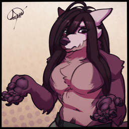 anthro bare_chest bottomwear brown_body brown_fur chest_tuft clothing crotch_tuft dotted_background eyebrows fur hair long_hair male moobs muscular navel pattern_background pawpads pose purple_pawpads red_body red_fur shorts simple_background solo tuft two_faced atokitsune atokitsune_(character) canid canine fox mammal 1:1 2023
