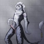 anthro balls erection genitals male nude patched_fur penis pose shower slim solo kira_linov moonpurr felid feline lion mammal pantherine absurd_res hi_res pinup