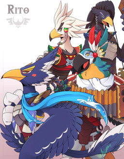 accordion anthro armor beak black_body black_feathers blue_body blue_feathers clothed clothed_anthro clothed_male clothing feathers gradient_background group looking_at_viewer male musical_instrument open_beak open_mouth scarf simple_background standing text tongue white_body white_feathers winged_arms wings arijuno breath_of_the_wild nintendo the_legend_of_zelda harth_(tloz) kass_(tloz) revali teba_(tloz) avian rito 2020 hi_res