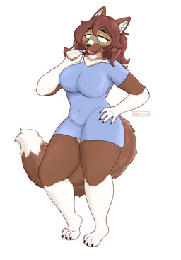 anthro big_breasts bodysuit breasts brown_body brown_fur brown_hair clothed clothing eating female fluffy fluffy_tail fur hair hand_on_hip leg_grab navel_outline skinsuit solo tail thick_thighs thigh_grab tight_clothing wide_hips mestysa canid canine canis mammal wolf absurd_res hi_res