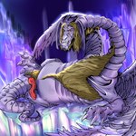 animal_genitalia chest_fur cloaca erection fangs feathered_wings feathers genitals hair knot long_hair looking_at_viewer male mature_male penis red_eyes solo tail teeth tusks wings r4t1cky lunar_(series) mythology quark_(character) dragon mythological_creature mythological_scalie scalie 1:1 hi_res