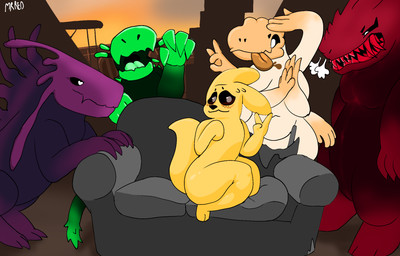 ambiguous_gender anthro blush blush_lines female furniture group heart_eyes heart_symbol imminent_sex interspecies looking_at_another looking_at_viewer male nervous nervous_smile size_difference slightly_chubby sofa thick_thighs mister_redintong piper_perri_surrounded rain_world videocult monk_(rain_world) caramel_lizard_(rain_world) green_lizard_(rain_world) lizard_(rain_world) red_lizard_(rain_world) slugcat train_lizard_(rain_world) hi_res meme