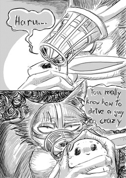 anthro bodily_fluids creepy_face creepy_smile dialogue drooling duo fangs female hand_on_head long_nails male muzzle_(object) muzzled notched_ear saliva scar scared scary size_difference smile sweat teeth dragonweirdo beastars haru_(beastars) legoshi_(beastars) canid canine canis lagomorph leporid mammal rabbit wolf absurd_res comic hi_res
