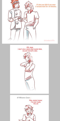 blush bottomwear claws clothed clothing collar dialogue duo eyewear eyewear_on_head fully_clothed goggles goggles_on_head hair hand_in_pocket human_to_feral male multicolored_hair pants paws pockets red_hair shirt smile species_transformation surprised text topwear transformation strawberrytfs canid canine human mammal 2019 comic english_text hi_res